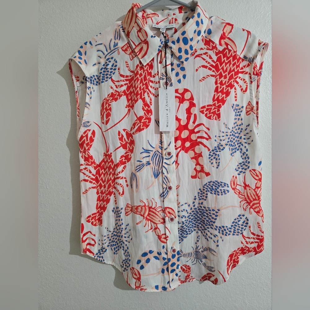 Women's Printed Button-Up Beach Blouse - Cream with Blue & Orange - Picture 6 of 7